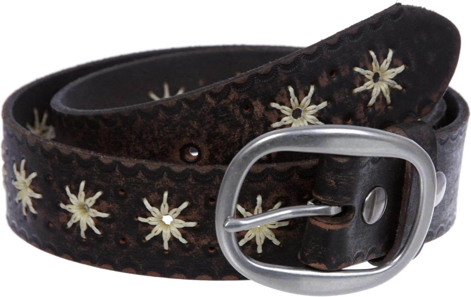1 1/2" (38 mm) Snap on Flower Embossed Vintage Leather Oval Jean Belt