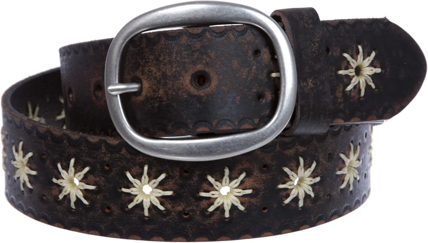 1 1/2" (38 mm) Snap on Flower Embossed Vintage Leather Oval Jean Belt