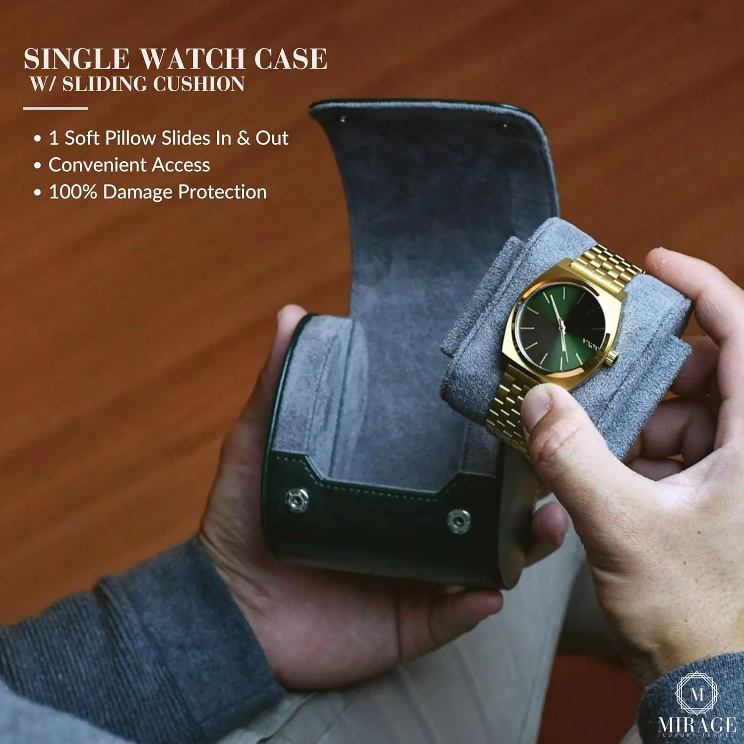 1 Watch Travel Case – Single Watch Case Hoder - Royal Green Swiss Motif Vegan Leather