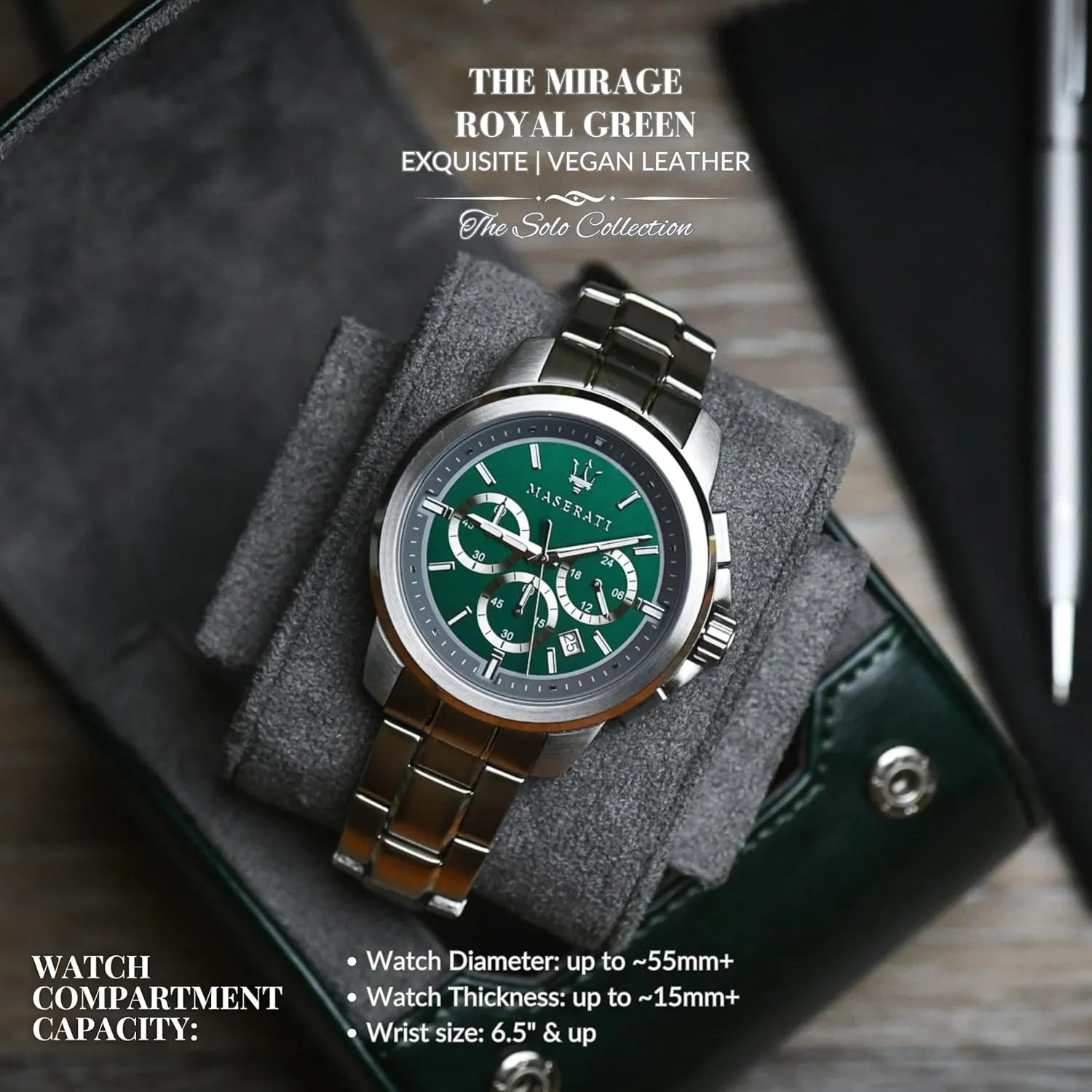 1 Watch Travel Case – Single Watch Case Hoder - Royal Green Swiss Motif Vegan Leather
