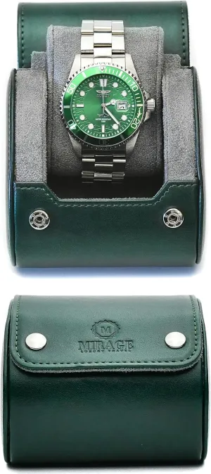 1 Watch Travel Case – Single Watch Case Hoder - Royal Green Swiss Motif Vegan Leather