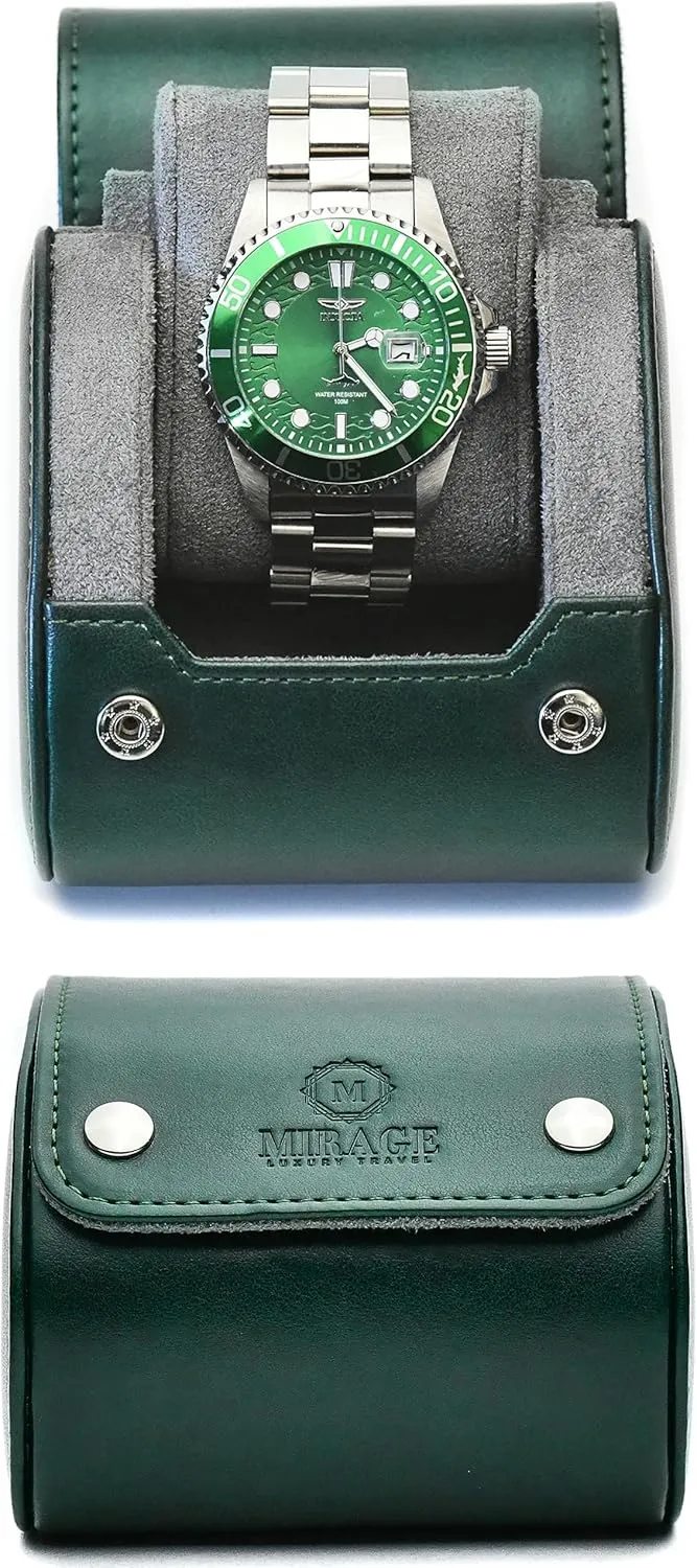 1 Watch Travel Case – Single Watch Case Hoder - Royal Green Swiss Motif Vegan Leather