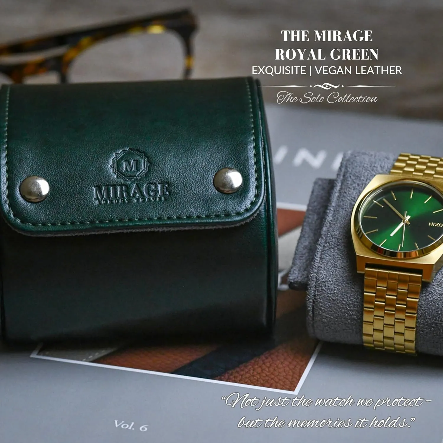 1 Watch Travel Case – Single Watch Case Hoder - Royal Green Swiss Motif Vegan Leather