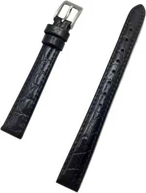 12mm Long, Black Genuine Leather Watchband | Round Alligator Crocodile Grain, Lightly Padded Replacement Watchstrap that brings New Life to Any Watch (Womens Long Length)