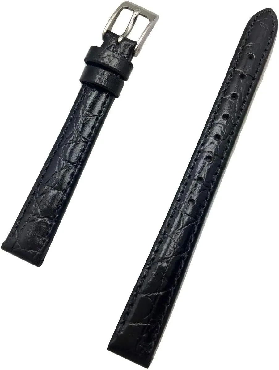 12mm Long, Black Genuine Leather Watchband | Round Alligator Crocodile Grain, Lightly Padded Replacement Watchstrap that brings New Life to Any Watch (Womens Long Length)
