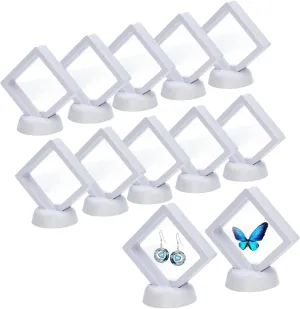 12Pcs 3D Floating Display Case, Clear Film Jewelry Storage Box, 3D Floating Coin Display Case Frame Stand for Challenge Coin Fossils Rocks, 2.7 x 2.7 x 0.8 Inches(White)