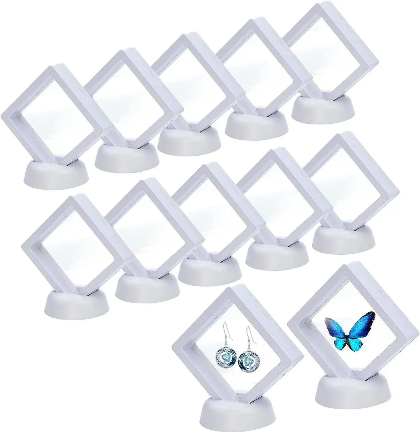 12Pcs 3D Floating Display Case, Clear Film Jewelry Storage Box, 3D Floating Coin Display Case Frame Stand for Challenge Coin Fossils Rocks, 2.7 x 2.7 x 0.8 Inches(White)