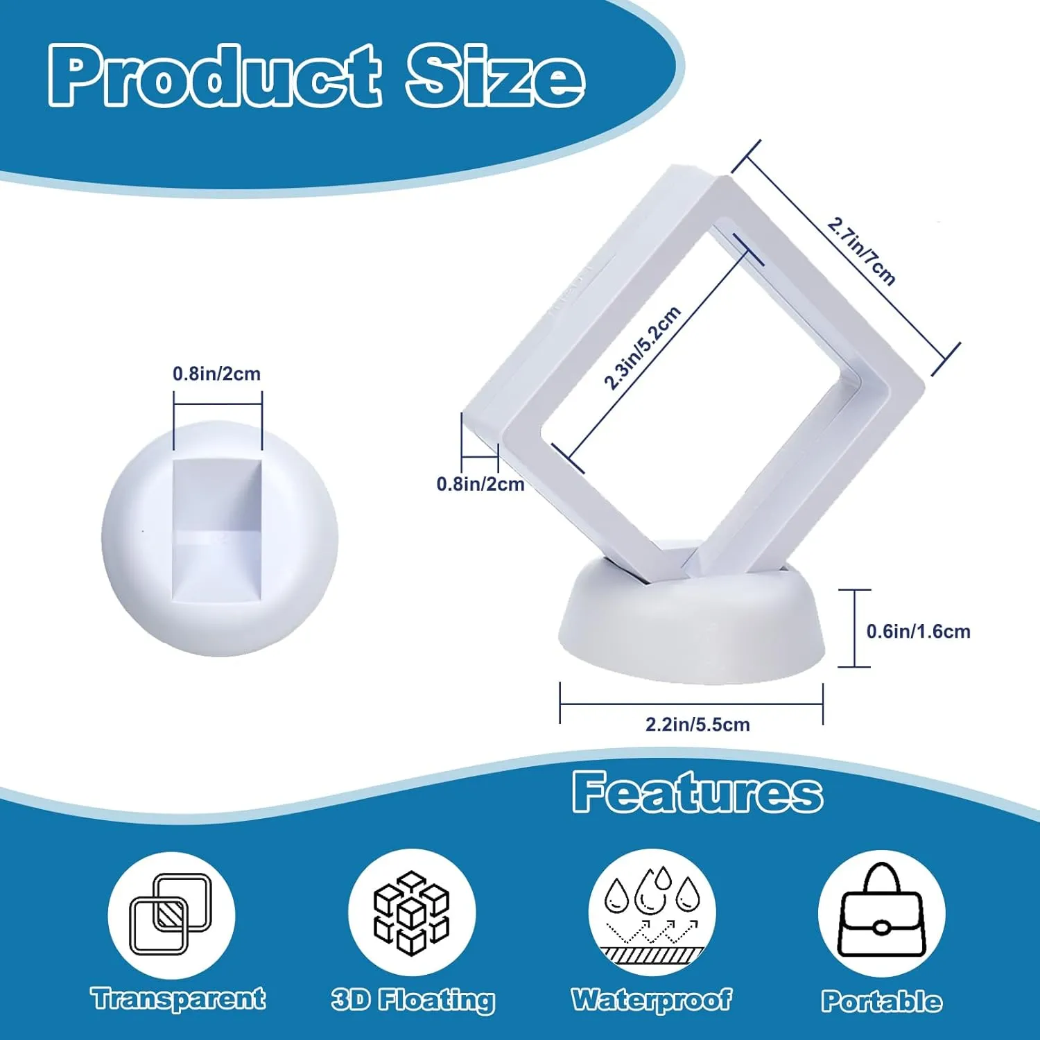 12Pcs 3D Floating Display Case, Clear Film Jewelry Storage Box, 3D Floating Coin Display Case Frame Stand for Challenge Coin Fossils Rocks, 2.7 x 2.7 x 0.8 Inches(White)