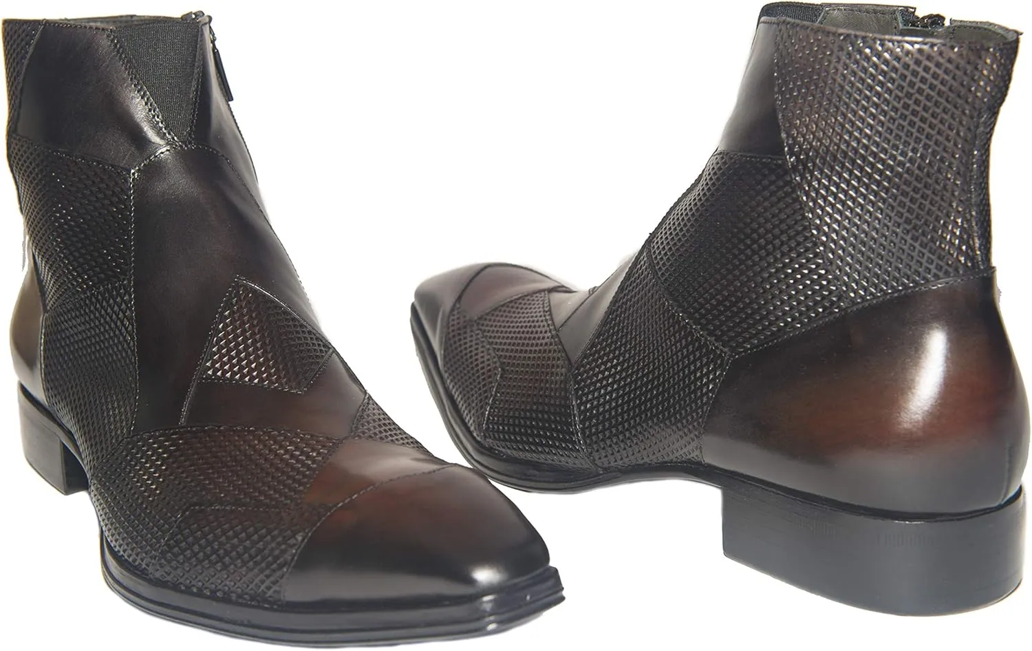 2031 Italian Brown-Black Leather & Perforated Leather Ankle Boots with Zipper