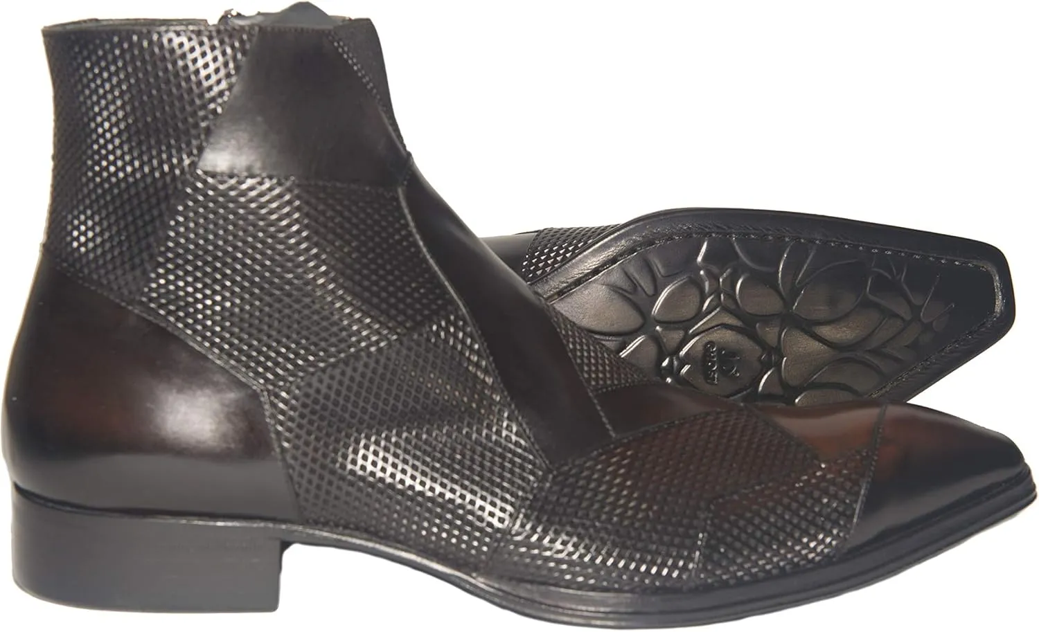 2031 Italian Brown-Black Leather & Perforated Leather Ankle Boots with Zipper