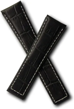 22mm Black Alligator-Style Genuine Leather Watchband with White Stitching to fit TAG Heuer Monaco, Silverstone & Targa Florio (Spring Bars Included)