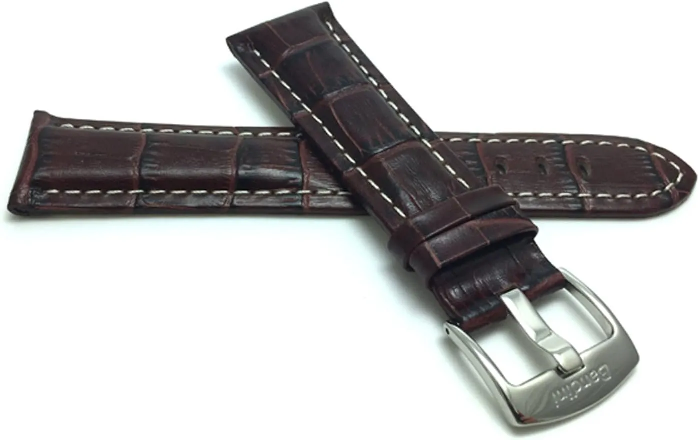 22mm, Brown Mens' Alligator Style Genuine Leather Watch Band Strap, White Stitching, Glossy Finish