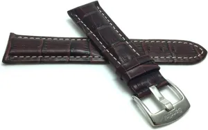 22mm, Brown Mens' Alligator Style Genuine Leather Watch Band Strap, White Stitching, Glossy Finish