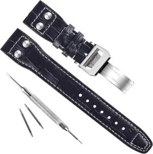 22mm Genuine Leather Watch Band fit for IWC Pilot's Watchs (Silver ButterflyBuckle/Black), Silver Buckle/Black, strap, Unique