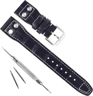 22mm Genuine Leather Watch Strap Band fit for IWC PILOT'S Watchs (Pin Buckle/Black)