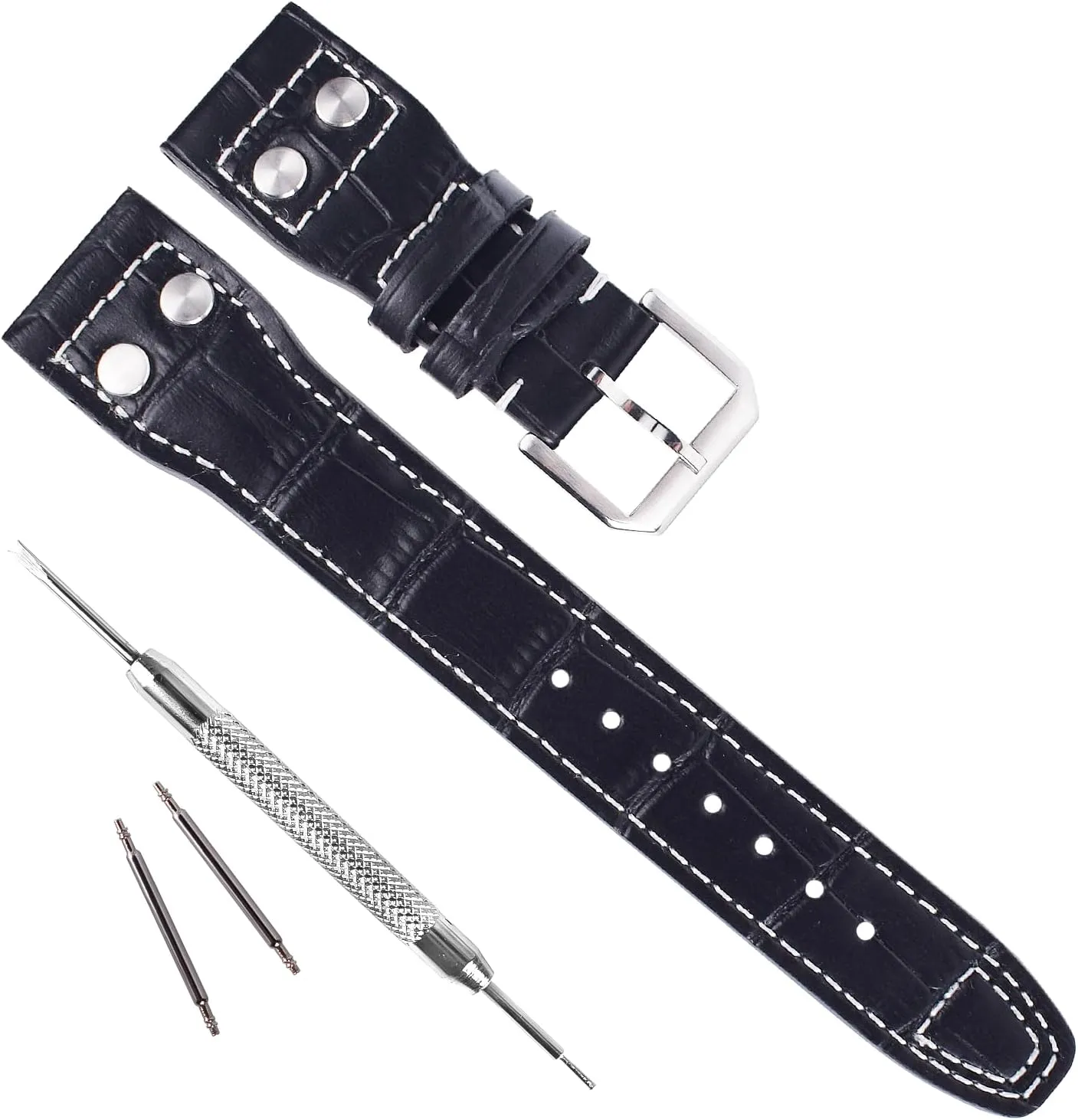 22mm Genuine Leather Watch Strap Band fit for IWC PILOT'S Watchs (Pin Buckle/Black)