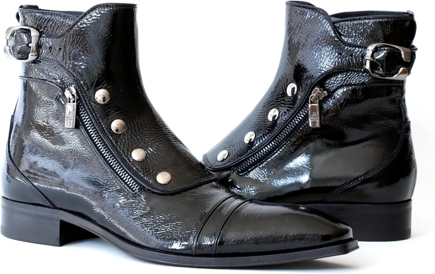 3206 Italian Black Patent Leather Ankle Boots with Zippers, Buttons