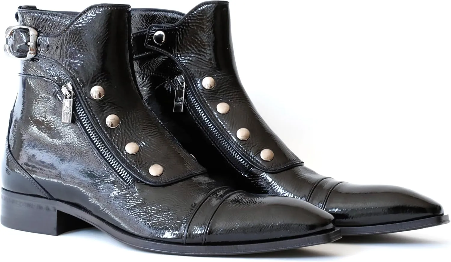 3206 Italian Black Patent Leather Ankle Boots with Zippers, Buttons