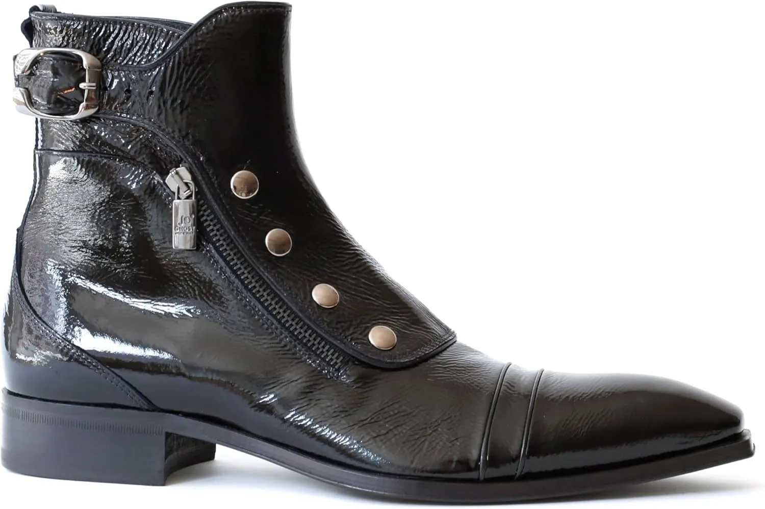 3206 Italian Black Patent Leather Ankle Boots with Zippers, Buttons