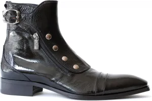 3206 Italian Black Patent Leather Ankle Boots with Zippers, Buttons