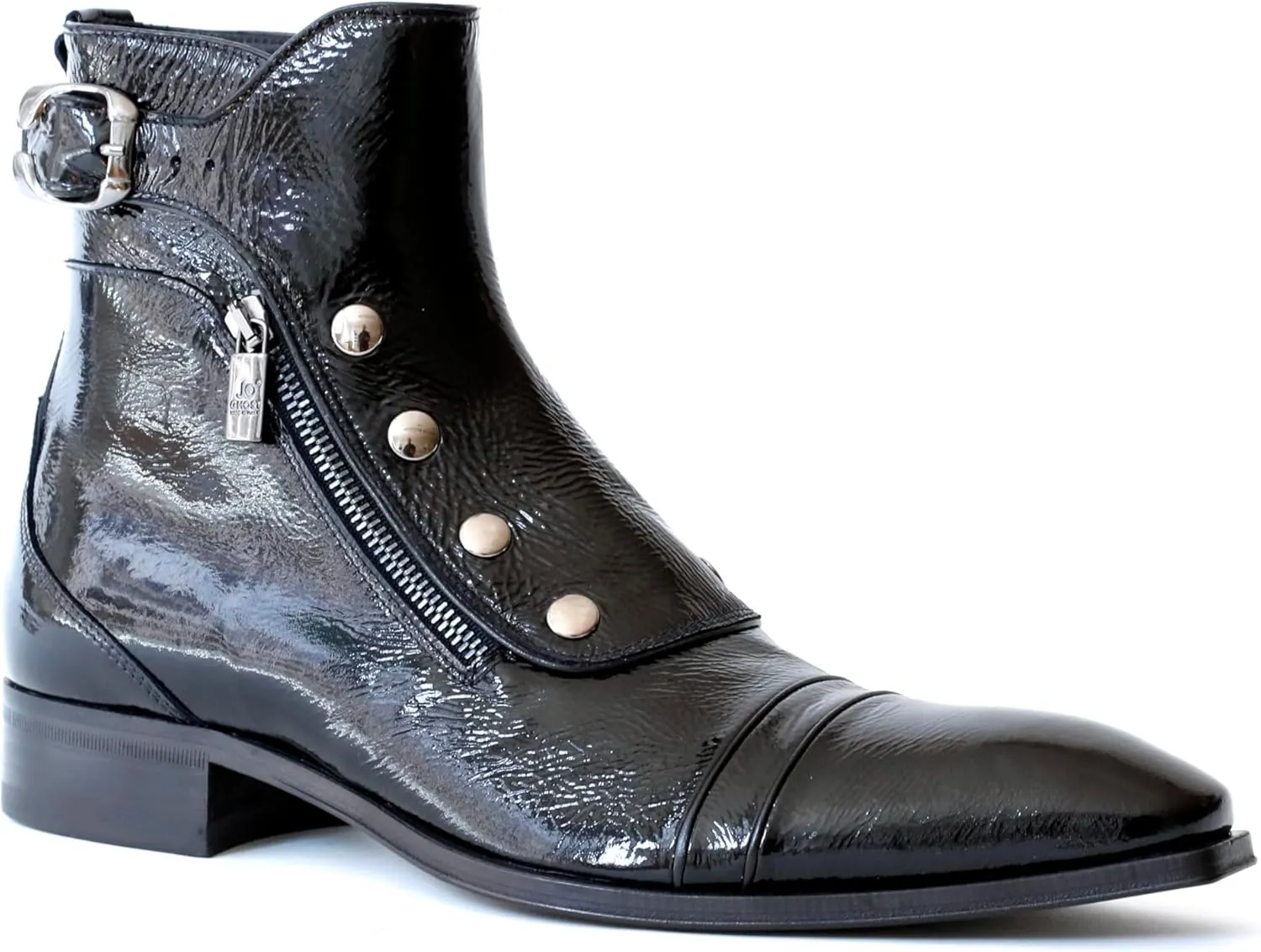 3206 Italian Black Patent Leather Ankle Boots with Zippers, Buttons
