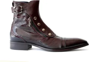 3206 Italian Burgundy Patent Leather Ankle Boots with Zippers, Buttons