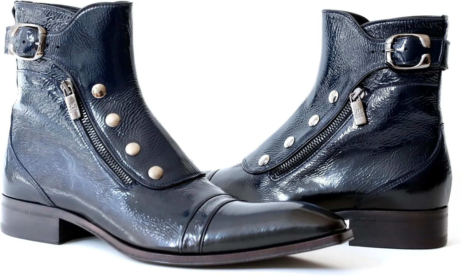 3206 Italian Navy Blue Patent Leather Ankle Boots With Zippers, Buttons
