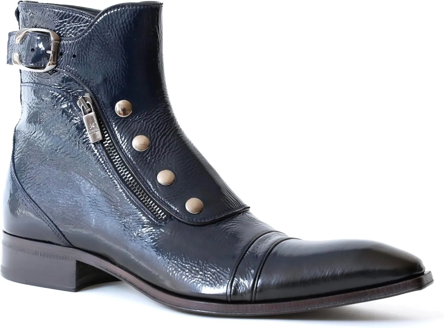 3206 Italian Navy Blue Patent Leather Ankle Boots With Zippers, Buttons