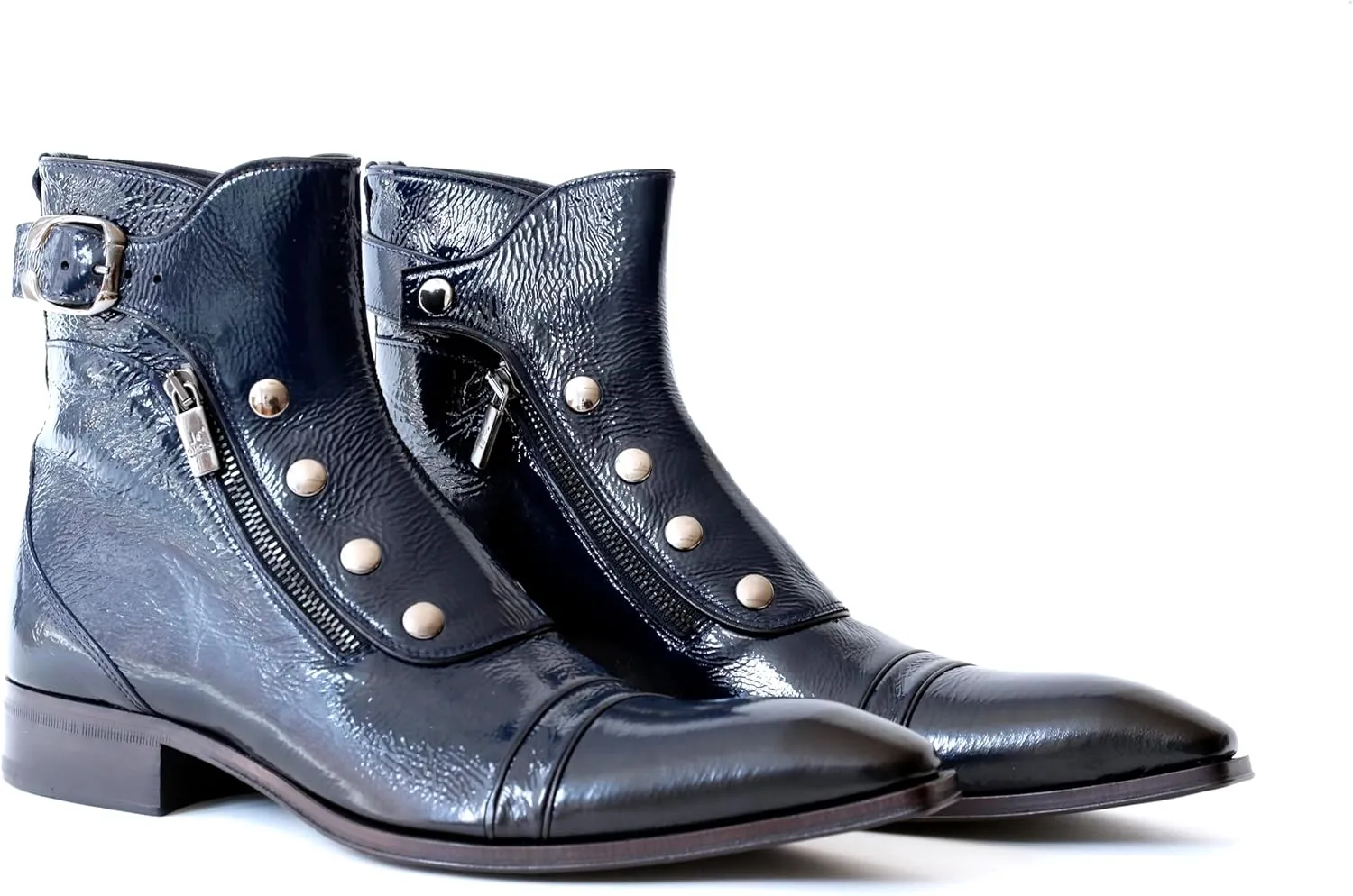 3206 Italian Navy Blue Patent Leather Ankle Boots With Zippers, Buttons
