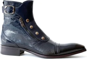 3206 Italian Navy Blue Patent Leather Ankle Boots With Zippers, Buttons
