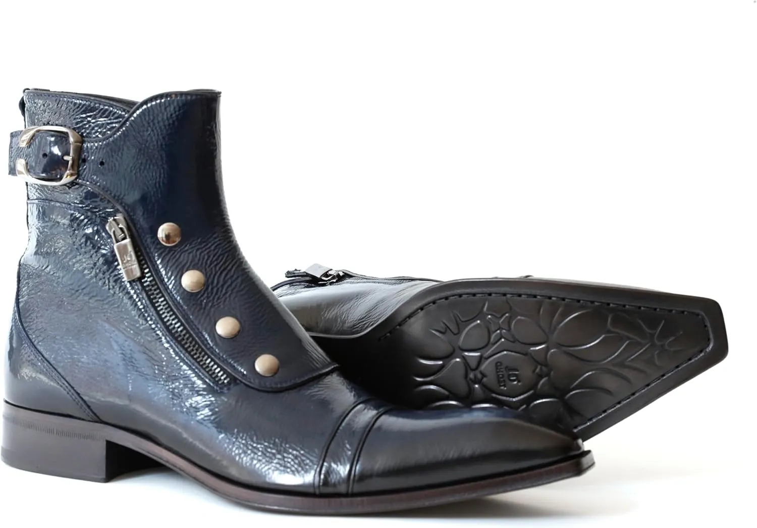 3206 Italian Navy Blue Patent Leather Ankle Boots With Zippers, Buttons