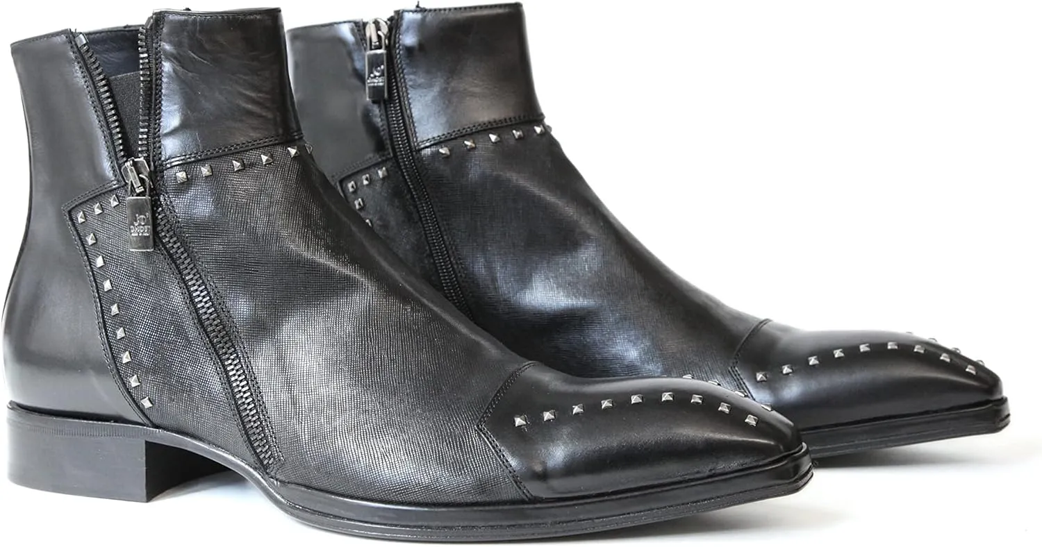 3516 Italian Black/Lazer Cut Leather Boots with Studs and Zippers