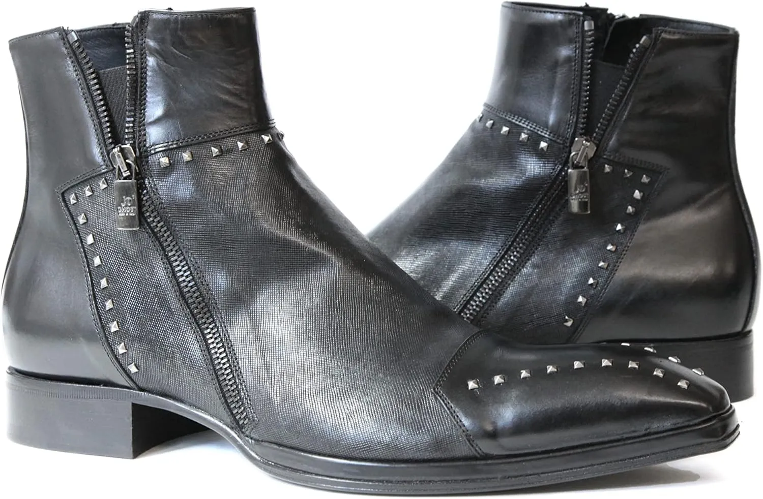 3516 Italian Black/Lazer Cut Leather Boots with Studs and Zippers