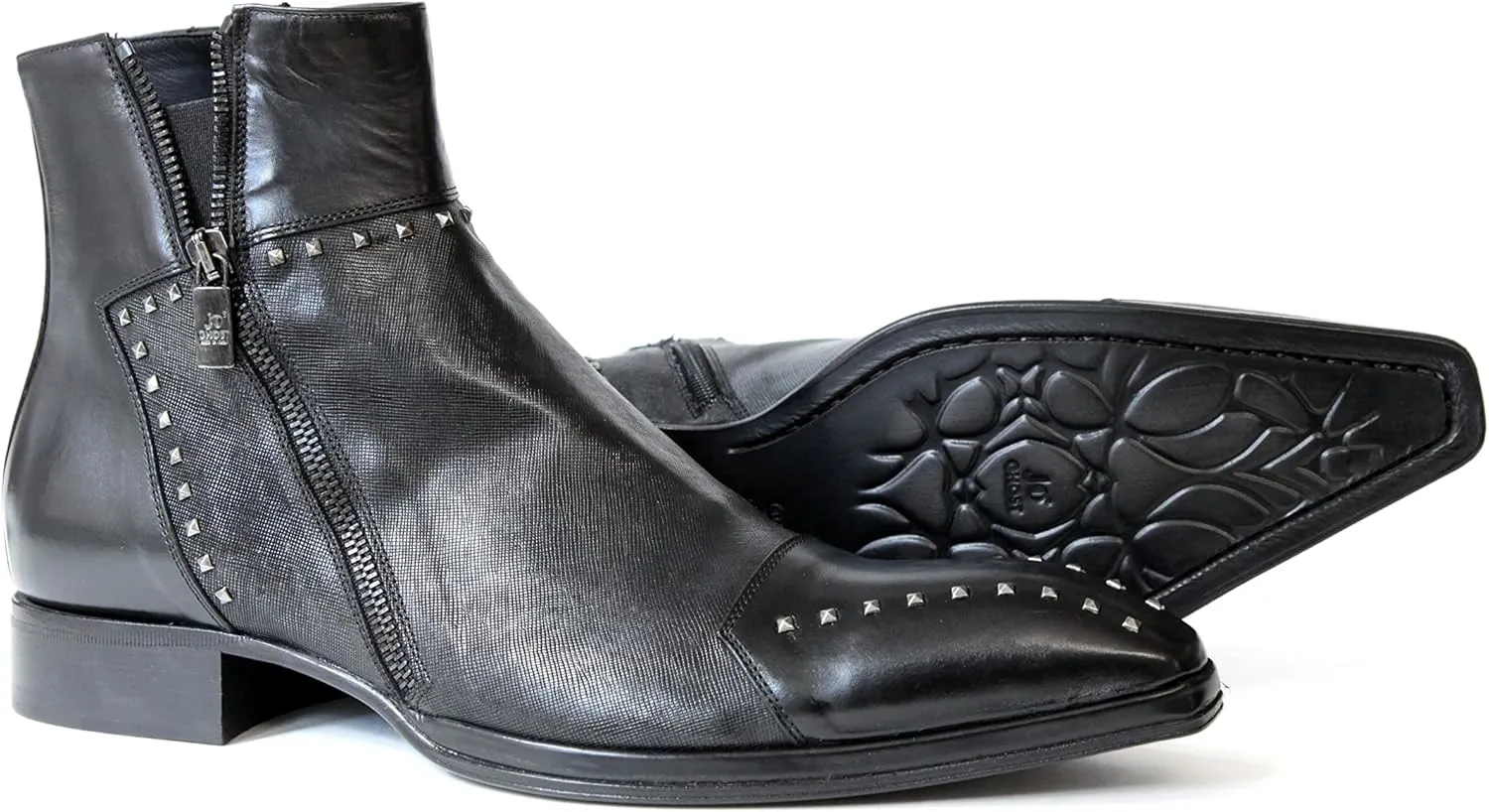 3516 Italian Black/Lazer Cut Leather Boots with Studs and Zippers