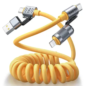 4-in-1 Coiled USB C Cable for Car [60W Fast Charging] USB C to Lightning Cable [CarPlay&Android Auto] Charger Cord with L/Type C/USB A Multi Ports for iPhone/iPad-5ft Yellow (SHEZI-Series)