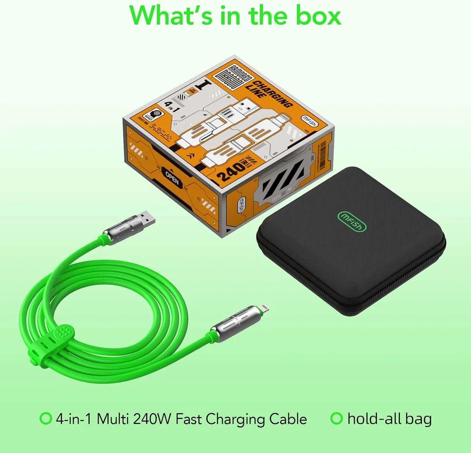 4-in-1 Universal Multi USB Charging Cable – 240W Max Fast Charger Cord with Multiple Connectors for iPhone 16/15/14/13, iPad, Samsung, MacBook, Tablets & More (Green, 6.6Ft)