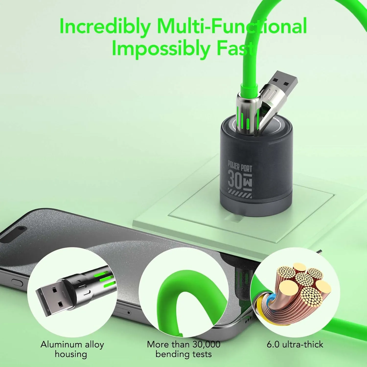 4-in-1 Universal Multi USB Charging Cable – 240W Max Fast Charger Cord with Multiple Connectors for iPhone 16/15/14/13, iPad, Samsung, MacBook, Tablets & More (Green, 6.6Ft)