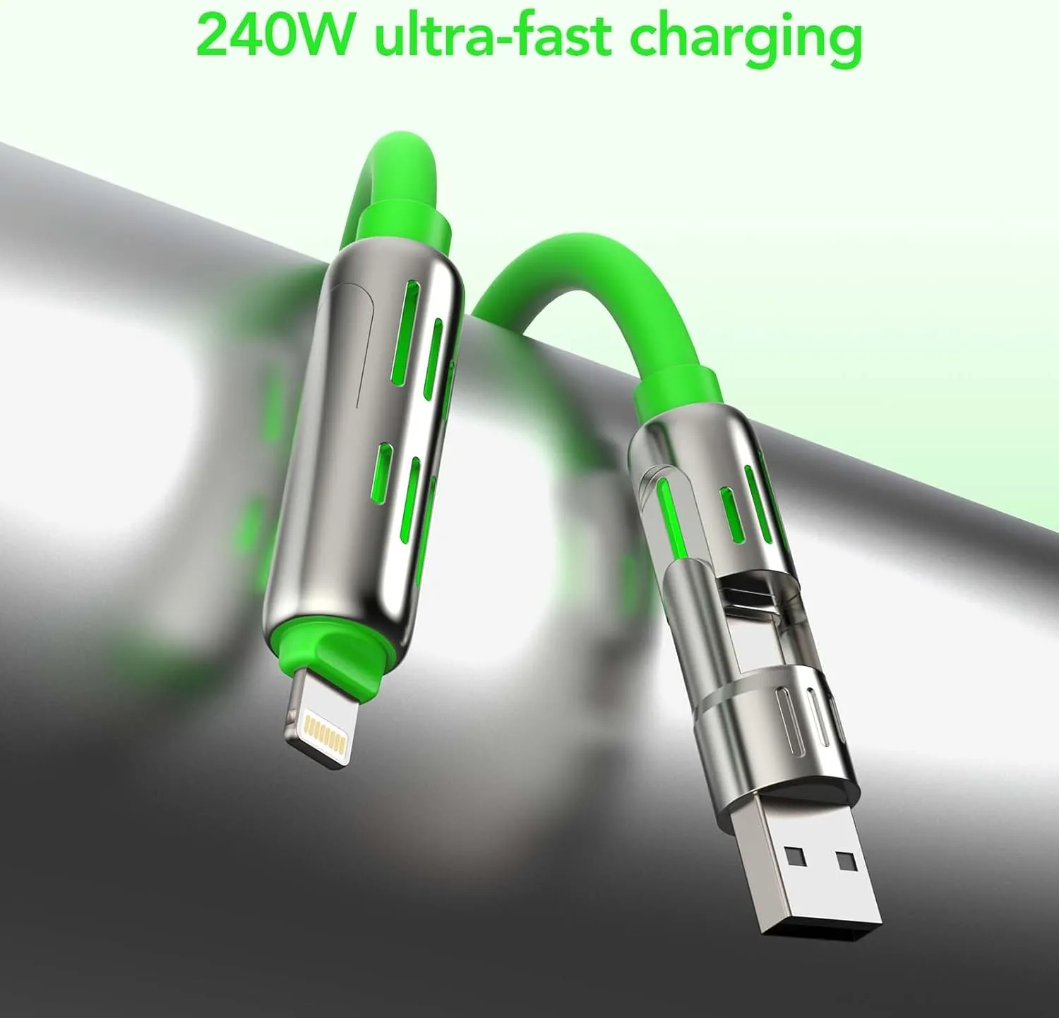 4-in-1 Universal Multi USB Charging Cable – 240W Max Fast Charger Cord with Multiple Connectors for iPhone 16/15/14/13, iPad, Samsung, MacBook, Tablets & More (Green, 6.6Ft)