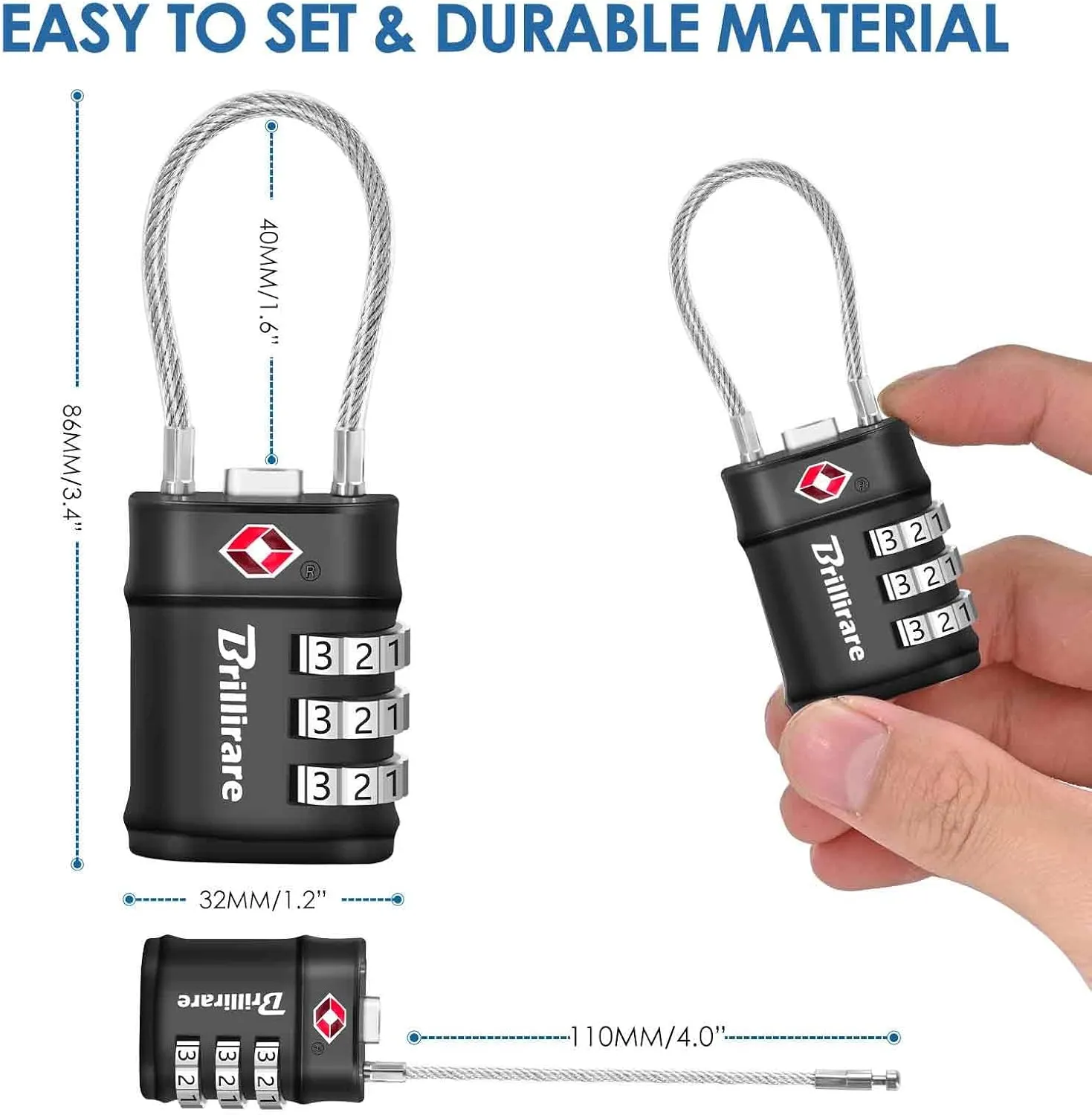 4 Pack TSA Approved Luggage Locks, Combination Travel Cable Lock, 3-Digit Waterproof Padlock, Zinc Alloy Outdoor Keyless Resettable Lock for Travel, Lockers, Bags, Backpack, Gym, Gate-by BRILLIRARE