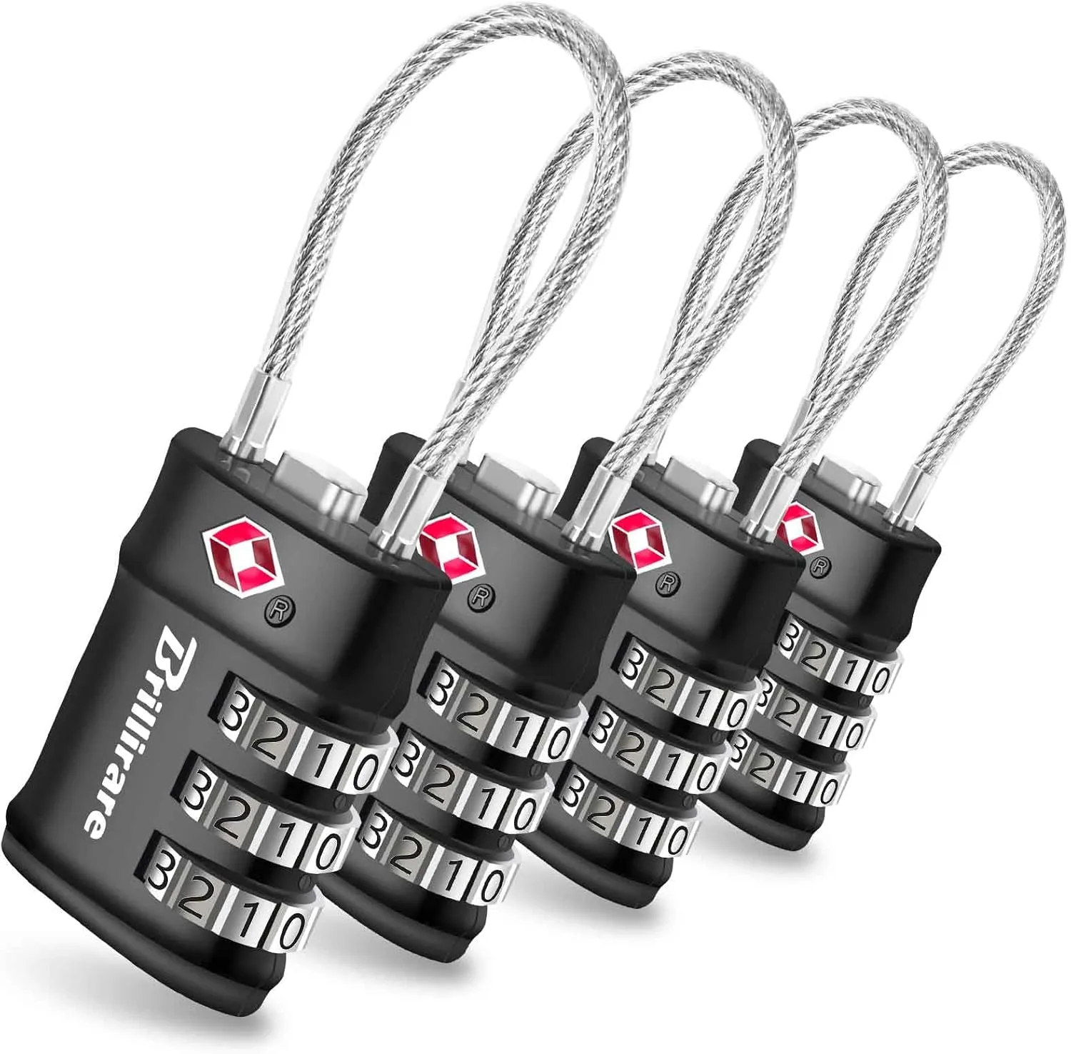 4 Pack TSA Approved Luggage Locks, Combination Travel Cable Lock, 3-Digit Waterproof Padlock, Zinc Alloy Outdoor Keyless Resettable Lock for Travel, Lockers, Bags, Backpack, Gym, Gate-by BRILLIRARE