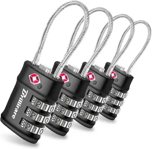 4 Pack TSA Approved Luggage Locks, Combination Travel Cable Lock, 3-Digit Waterproof Padlock, Zinc Alloy Outdoor Keyless Resettable Lock for Travel, Lockers, Bags, Backpack, Gym, Gate-by BRILLIRARE