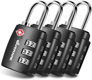 4 Pack TSA Approved Travel Luggage Locks, Combination Lock Alloy Body, Metal Keyless 3-Digit Padlocks, TSA Accepted Compatible Padlock for Gym Locker, Golf Bag Case, Backpack, Black-by GIVERARE