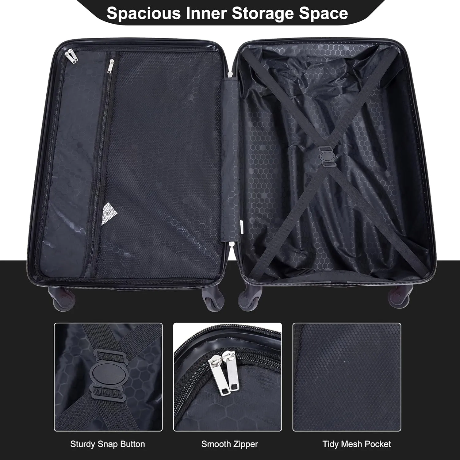 4-Piece Hardside Luggage Set with TSA Lock, Lightweight ABS Suitcases With Spinner Wheel, 16/20/24/28 inch, Black