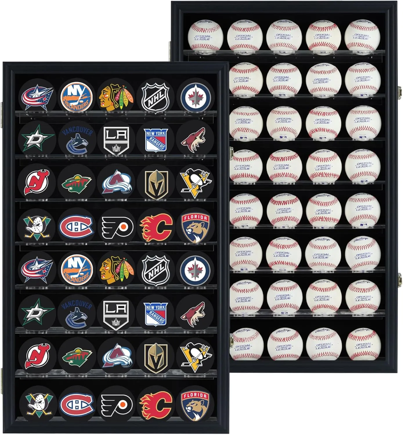 40 Hockey Puck Display Case Cabinet Holder Rack Baseball Display Case Ball Cubes Storage Cabinet with UV Protection Door Lockable, Black Finish Frame