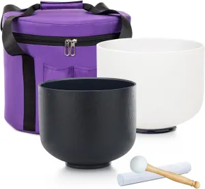 432 Hz 10 inch F Note White and 8 inch A Note Black Crystal Singing Bowls Chakra Meditation Frosted Sound Healing Quartz with 1 Travel Carry Case Bag 1 Mallet Suede 1 Strikers 2 O-rings