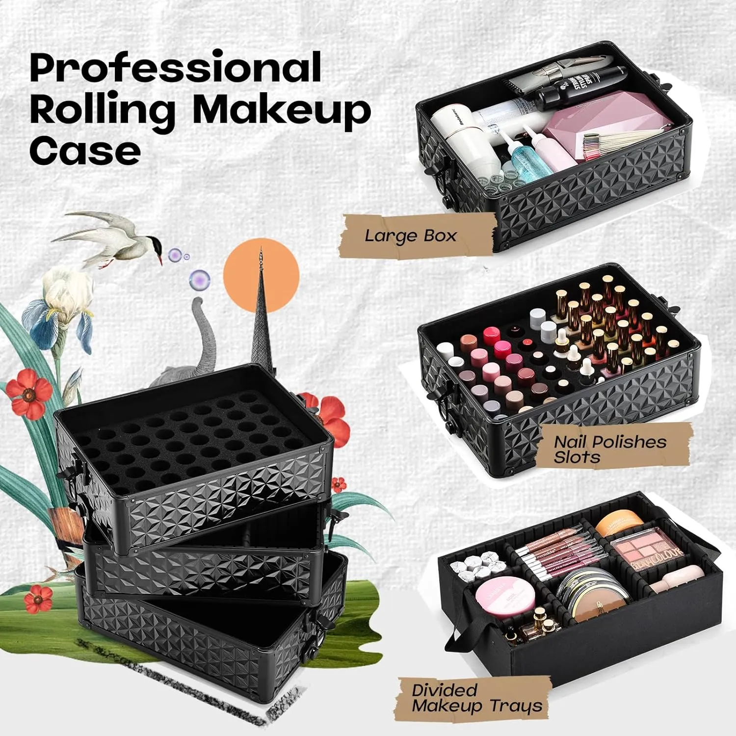 5 in 1 Makeup Train Case, Cosmetology Case on Wheels Travel Make up Case Rolling Nail Cart Makeup Organizer Cosmetic Storage Box Cases Extra Large Trolley Truck with 360° Swivel Wheels, Black