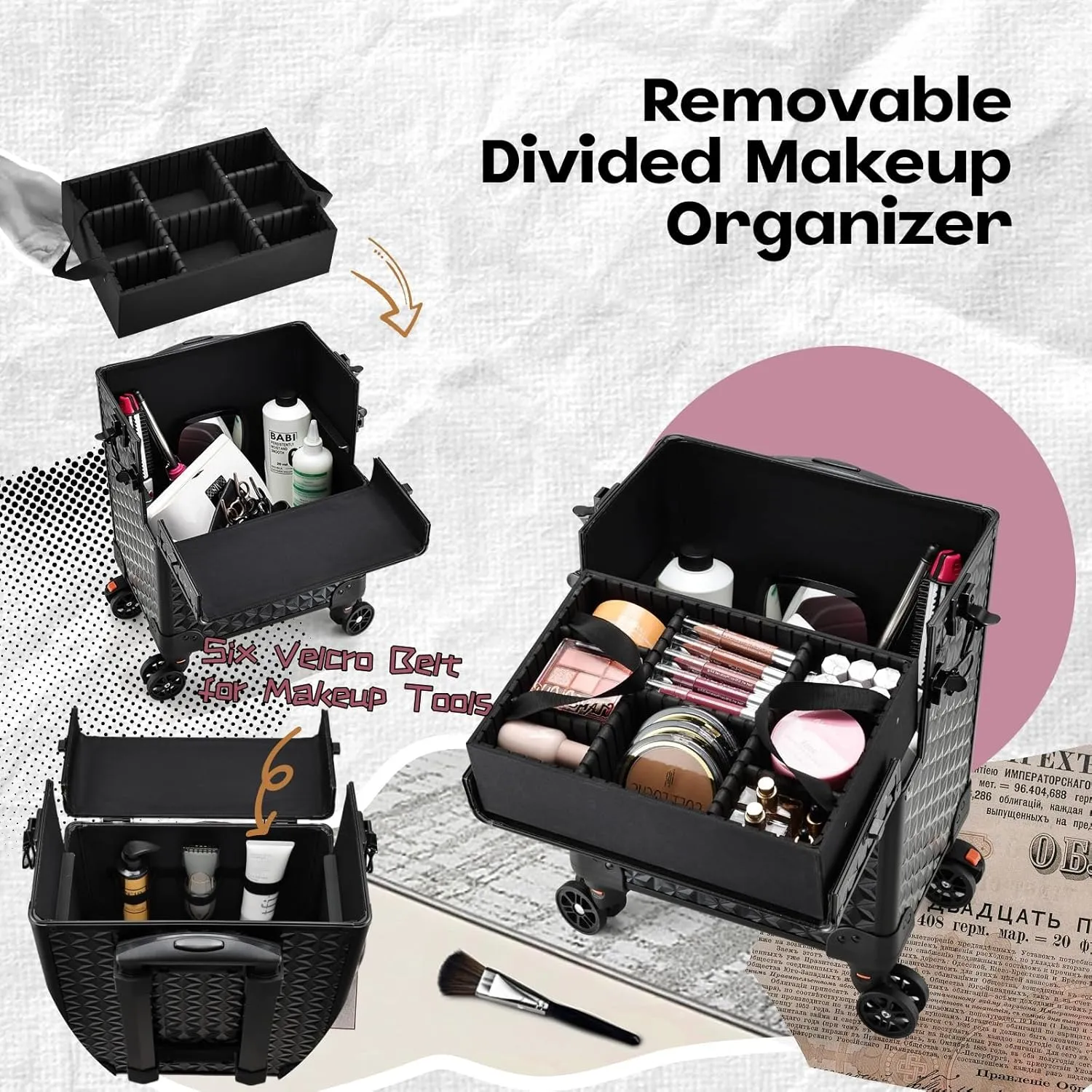 5 in 1 Makeup Train Case, Cosmetology Case on Wheels Travel Make up Case Rolling Nail Cart Makeup Organizer Cosmetic Storage Box Cases Extra Large Trolley Truck with 360° Swivel Wheels, Black