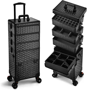 5 in 1 Makeup Train Case, Cosmetology Case on Wheels Travel Make up Case Rolling Nail Cart Makeup Organizer Cosmetic Storage Box Cases Extra Large Trolley Truck with 360° Swivel Wheels, Black