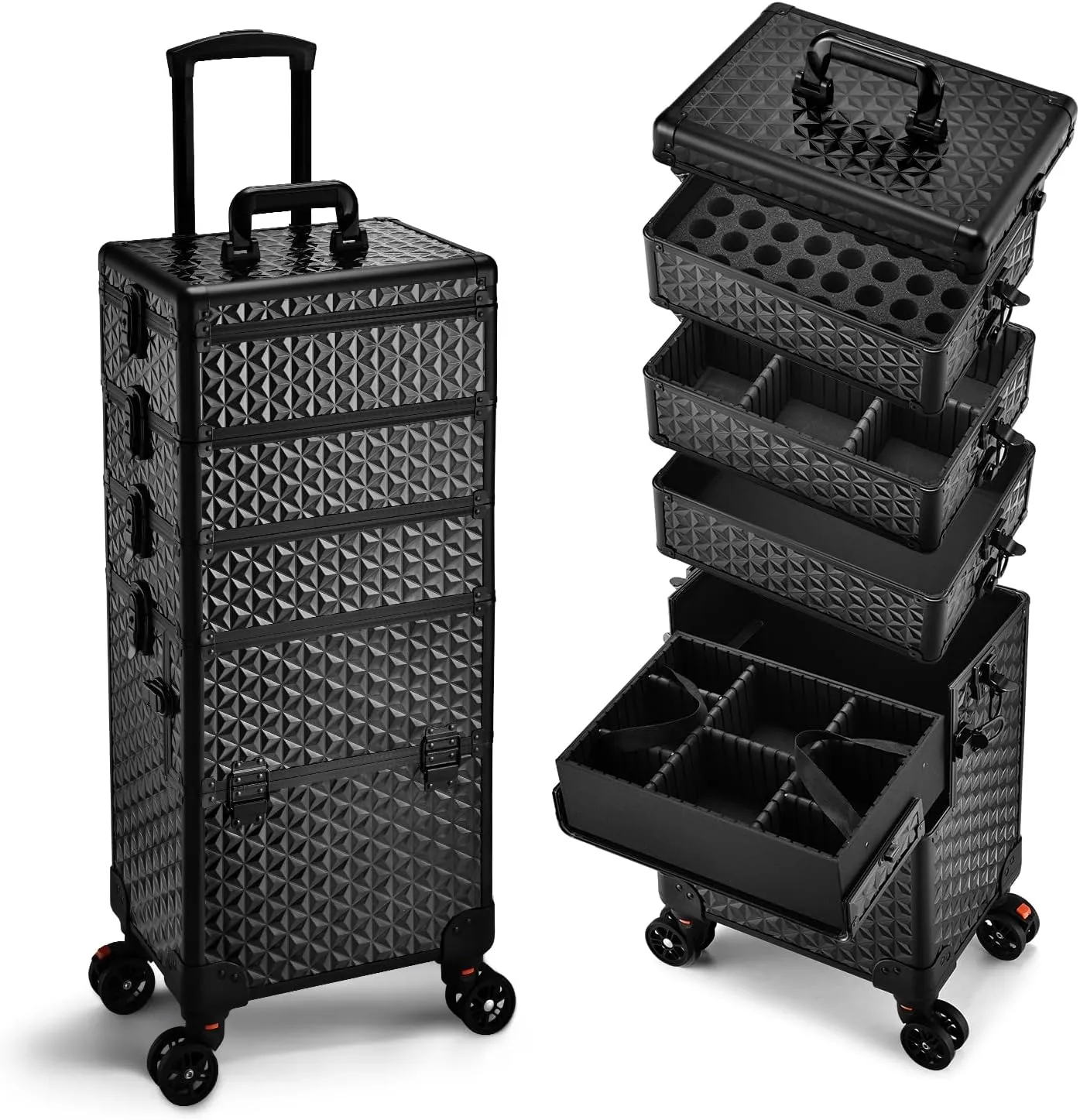 5 in 1 Makeup Train Case, Cosmetology Case on Wheels Travel Make up Case Rolling Nail Cart Makeup Organizer Cosmetic Storage Box Cases Extra Large Trolley Truck with 360° Swivel Wheels, Black