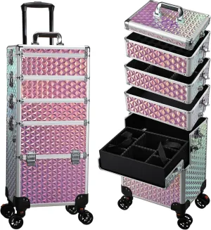 5 in 1 Rolling Makeup Case, Cosmetology Case on Wheels Travel Make up Train Case Nail Cart Makeup Organizer Cosmetic Storage Box Cases Extra Large Trolley Truck with 360° Swivel Wheels, Pink